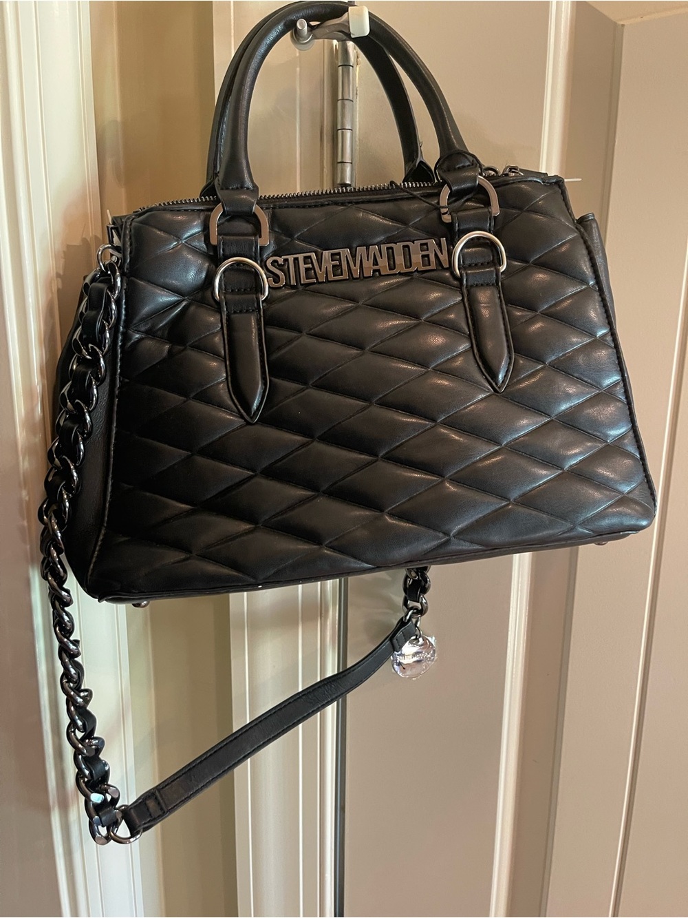Steve Madden Black Quilted Satchel with Chain Strap 2 way